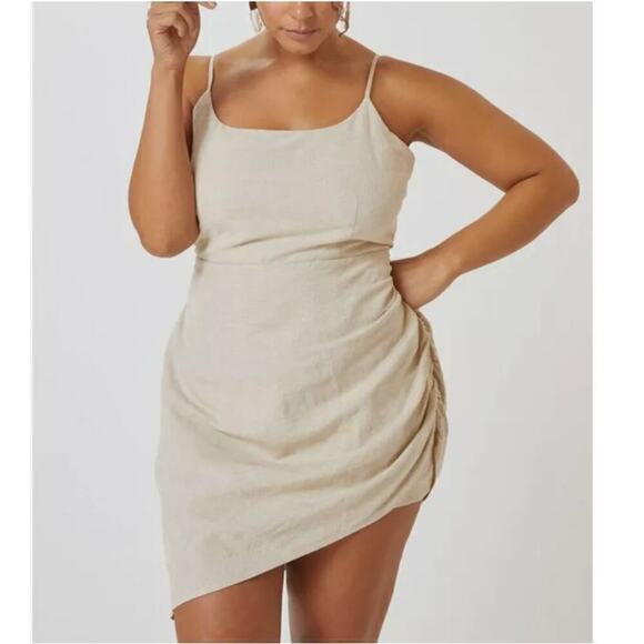 Anthropologie Flat White Linen Cotton Asymmetrical Mini Dress Beige Back Cut Out - Picture 1 of 10